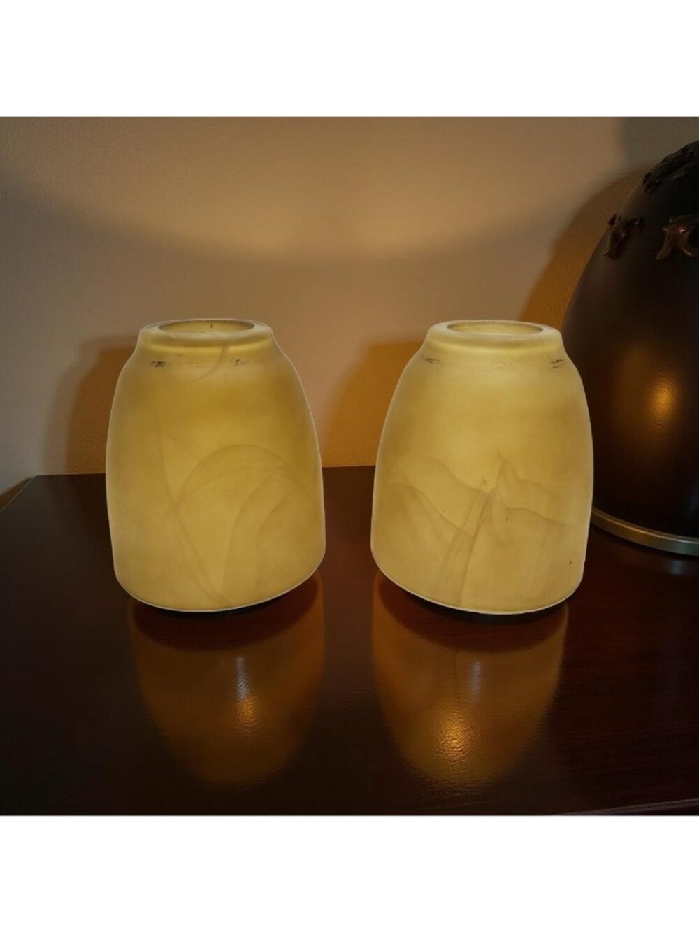 vintage set of 2 hanging glass smoke pattern and color lighting globes.